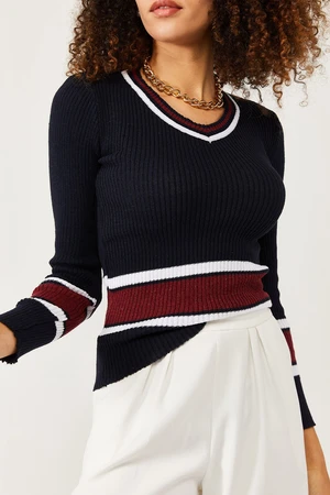 XHAN Women's Black Striped Knitwear Sweater