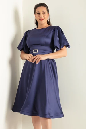 Lafaba Women's Navy Blue Balloon Sleeve Stone Belted Plus Size Satin Evening Dress