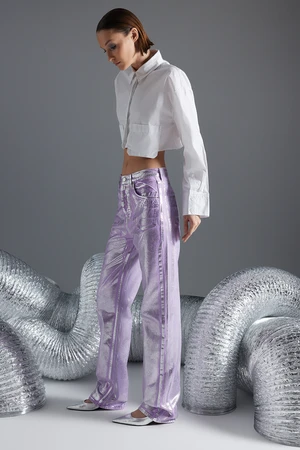 Trendyol Lilac Shiny Metallic Print High Waist Wide Leg Jeans