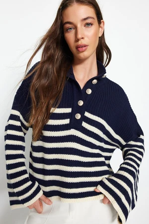 Trendyol Navy Wide Fit Crew Neck Striped Knitwear Sweater