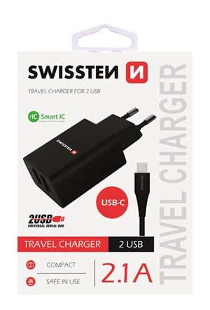 SWISSTEN SÍŤOVÝ ADAPTÉR SMART IC 2x USB 2,1A POWER + DATOVÝ KABEL USB / TYPE C 1,2 M, ČERNÁ