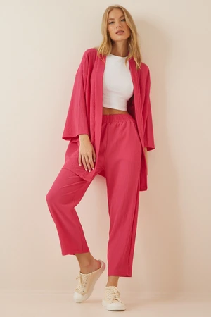 Happiness İstanbul Women's Dark Pink Kimono and Pants Knit Set