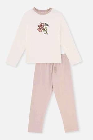 Dagi Ecru Print Detailed Long Sleeve Knitted Pajamas Set