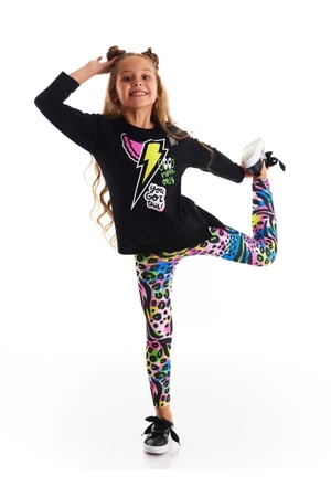 Mushi Winged Thunderbolt Girl's Black T-shirt, Leopard Patterned Leggings Set.