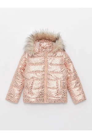 LC Waikiki Girls' Printed Down Jacket with a Hoodie