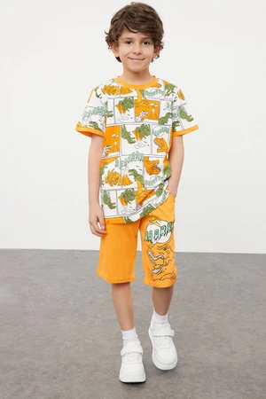 Trendyol Orange Boy Dinosaur Patterned T-shirt-Shorts Knitted Bottom-Top Set