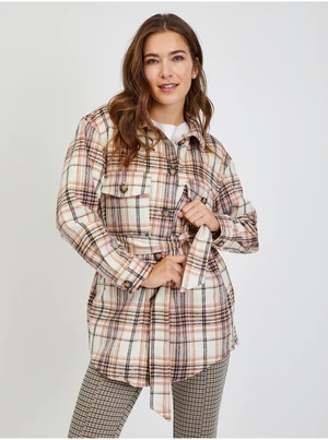 Pink-cream ladies plaid shirt jacket with tie ORSAY - Ladies