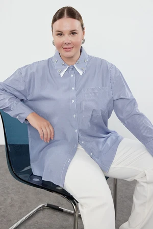 Trendyol Curve Navy Blue White Striped Stone Embroidered Double Collar Pocket Plus Size Shirt