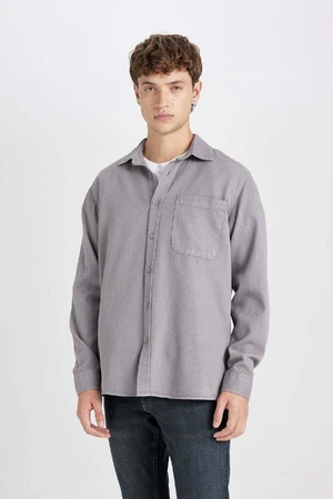 DEFACTO Men's Grey Regular Fit Regular Cut Polo Collar Plain Cotton Long Sleeve Shirt