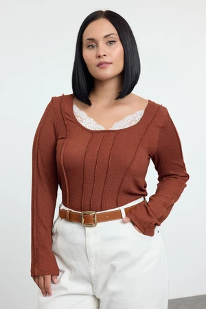 Trendyol Curve Brown Collar Lace Detailed Knitted Plus Size Blouse