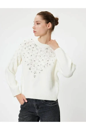 Koton Crew Neck Knitwear Sweater Stone Detailed Long Sleeve