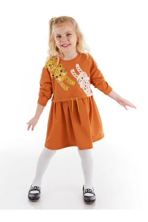 Denokids Orange Leopard Elastic Waist Long Sleeve Girl's Dress