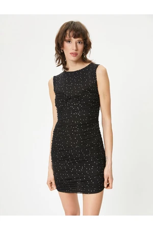 Koton Polka Dot Mini Tulle Dress Sleeveless Draped Lined