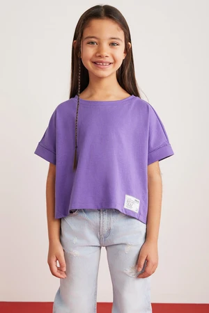 GRIMELANGE Verena Girls' 100% Cotton Double Sleeve Ornamental Label Purple T-shir