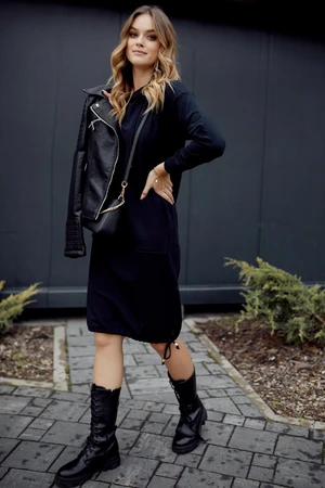 Basic navy blue dress with pocket and tie