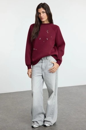 Trendyol Claret Red Stone Detailed Relaxed/Comfortable Pattern Thick Polar Fleece Knitted Sweatshirt