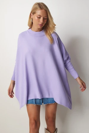 Happiness İstanbul Women's Lilac Side Slits Oversized Poncho Sweater