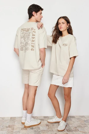 Trendyol Beige Oversize/Wide Cut Back Embossed Text Printed 100% Cotton T-shirt