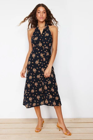 Trendyol Black Floral Shirt Collar Viscose Midi Woven Dress