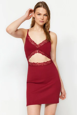 Trendyol Burgundy Cotton Lace Rope Strap Ribbed Knitted Nightgown