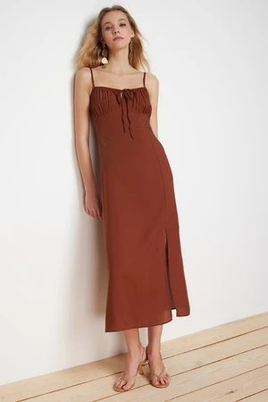 Trendyol Brown A-Line Midi Woven Dress with Tie Detail on the Collar