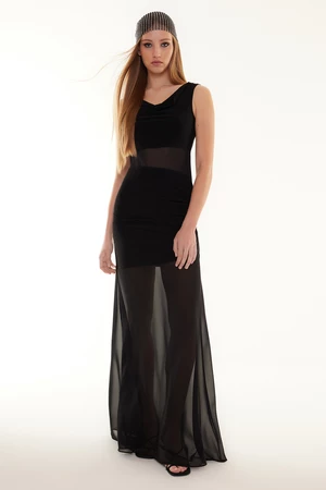 Trendyol černé průhledné dlouhé elegantní večerní šaty s detaily z tylu