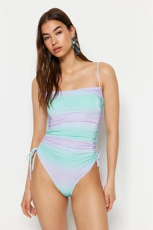 Trendyol Gradient Patterned Strapless Draped Glitter High Leg Regular Swimsuit