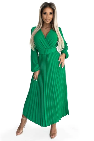 Pleated midi dress with a neckline, long sleeves and a wide Numoco belt