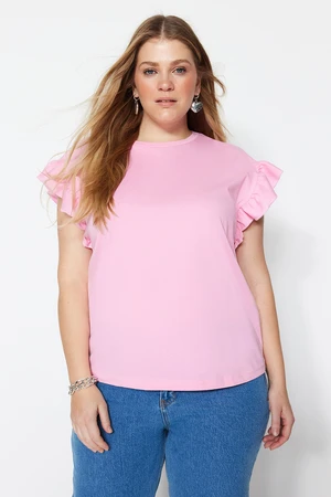 Trendyol Curve Pink Crew Neck Ruffle Sleeves 100% Cotton Knitted T-Shirt