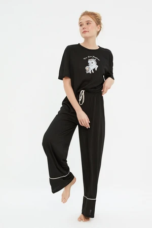 Trendyol Black Cotton Printed T-shirt-Pants Knitted Pajamas Set