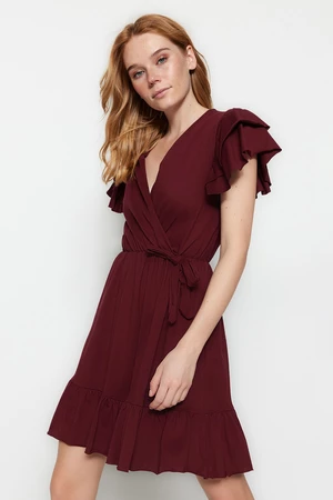 Trendyol Claret Red 100% Cotton Ruffle Detailed Double Breasted Mini Knitted Dress with Frill Detail on the Sleeves