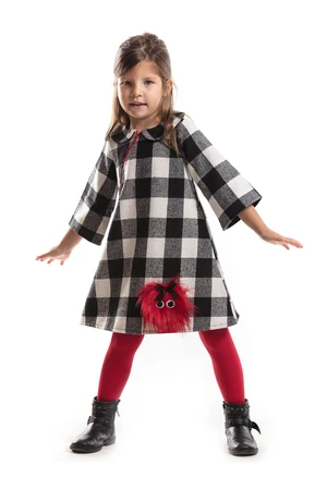 Denokids Pompom Girl Child Black White Plaid Long Sleeve Winter Dress