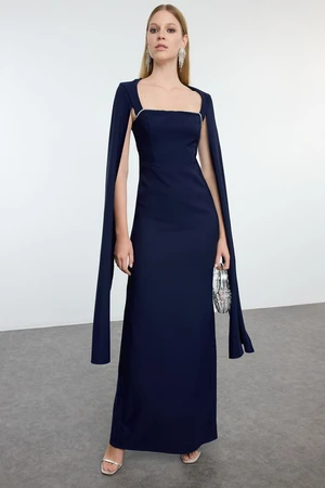 Trendyol Navy Blue Sleeve and Stone Accessory Detailed Woven Evening Dress