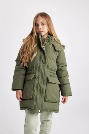 DEFACTO Girl's Water Repellent Hooded Removable Faux Für Lined Jacket Coat