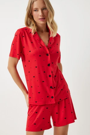 Happiness İstanbul Women's Red Heart Viscose Shorts Shirt Pajama Set