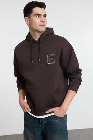 Trendyol Dark Brown Oversize/Wide Cut Hooded Fleece Embroidered Sweatshirt