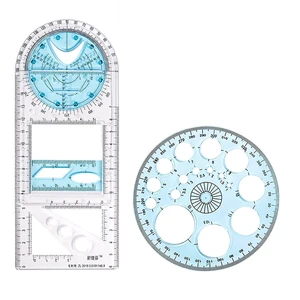 2 Pcs Multifunctional Geometric Ruler Plastic Circle Drawing Tool Drafting Templates Clear Graphic Design Tools