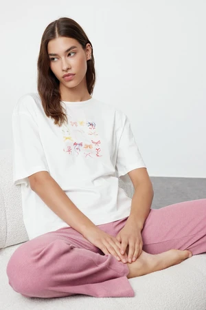 Trendyol White-Pink Cotton Ribbon/Bow Printed Top Jersey Bottom Camisole Knitted Pajama Set