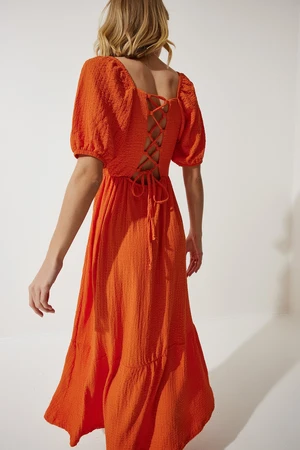 Happiness İstanbul Women's Orange Heart Collar Textured Summer Knitted Dress