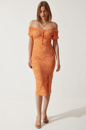 Happiness İstanbul Women's Orange Patterned Gathered Knitted Dress