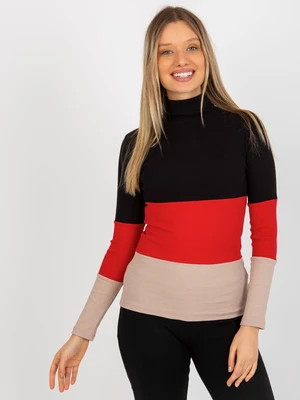 Basic black-red ribbed cotton blouse with turtleneck