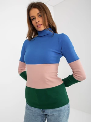 Basic navy blue and green blouse with ribbed turtleneck