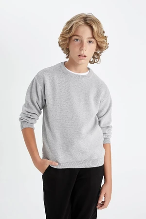 DEFACTO Boy's Gray Crew Neck Basic Plain Knitwear Sweater