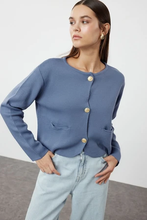 Trendyol Blue Crew Neck Jacket Look Knitwear Cardigan