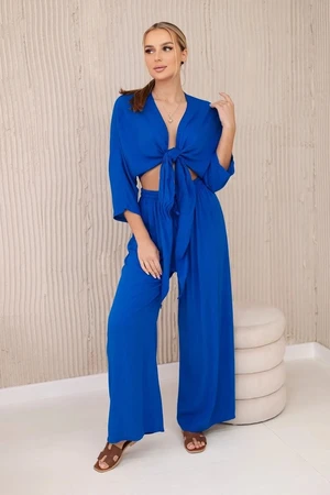 Women's set blouse with ties + trousers - cornflower blue