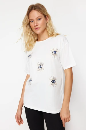 Trendyol White Printed Relaxed/Comfortable Cut Evil Eye Beaded Knitted T-Shirt