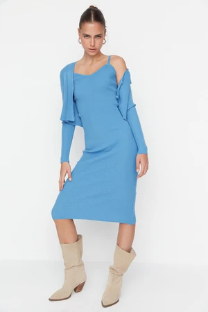 Trendyol Blue Blue Fitted Midi Knitwear Cardigan Dress Suit