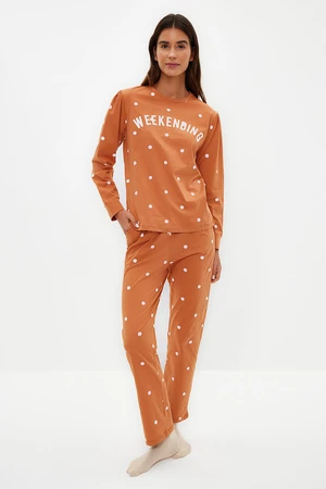 Trendyol Orange Polka Dot Cotton Tshirt-Pants Knitted Pajama Set