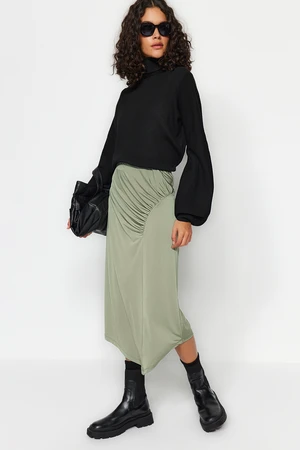 Trendyol Khaki Elastic Knitted Midi Skirt With Drape Detailed