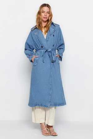 Trendyol Blue Denim Trench Coat with a Belt